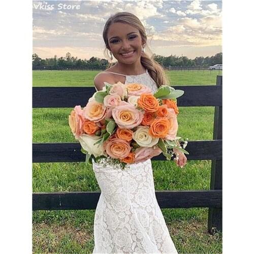 White Lace Prom Dress Bridal Wedding Dress Elegant Mermaid Spaghetti Strap Sweep Train Backless Evening Dress вечерние платья