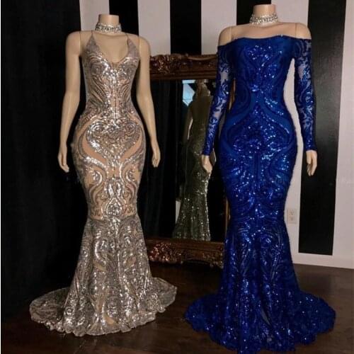 Sparkly Mermaid Sequined Prom Dresses 2020 Royal Blue Long Sleeve Forma Party Evening Gowns Robe De Soiree