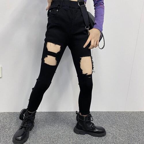 Girls Front and Rear Ripped Casual Pants New Korean Version of The Big Childrens All-match Nine-point Pants Beggar Pants