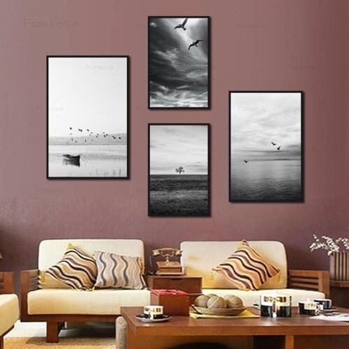 Black White Seascape Nordic Poster Modern Home Decoraion Seagull Canvas Painting Modular Wall Art Pictures for Living Room