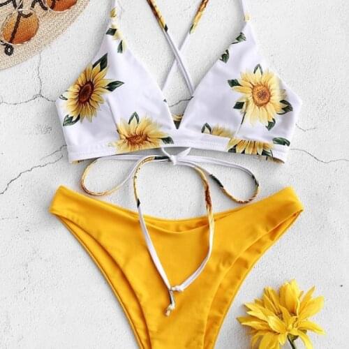 Sunflower Printed Bikini Set Sexy Swimsuit Womens 2021 Mujer Push Up Padded Bikini Bandage Flower Starry Swimsuit Two Pieces