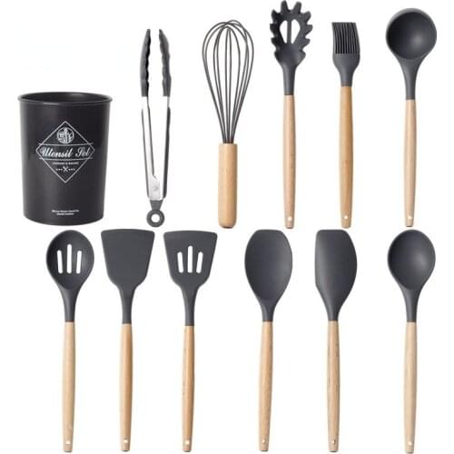 Silicone Cooking Utensil Set Wooden Handle Spatula Soup Spoon Brush Ladle Pasta Colander Non stick Cookware Kitchen Tools