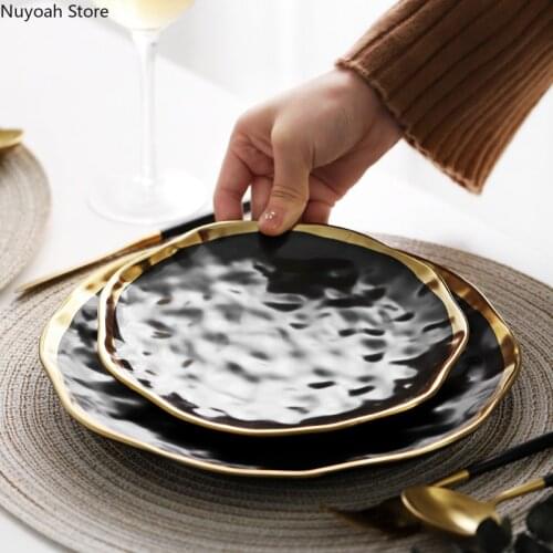 8 Inch Irregular Ceramic Plate Nordic Dish Plate Household Steak Dish Creative Golden Wavy Edge Cutlery Plate Kitchen Supplies