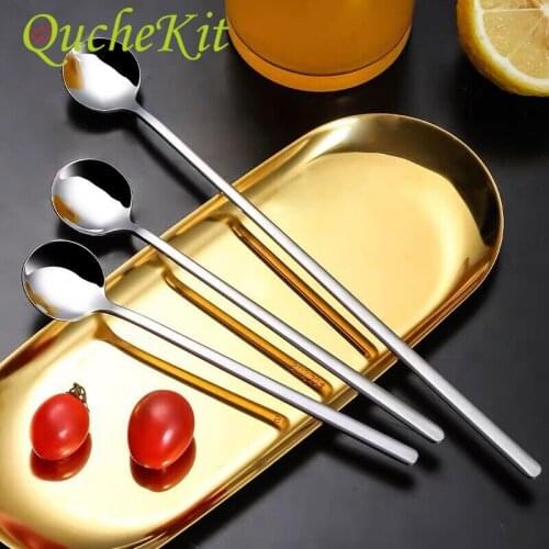 Stainless Steel Long Handle Spoon Round Cocktail Tea Food Cream Dessert Coffee Stirring Spoons For Kitchen Accessories Bar Tools