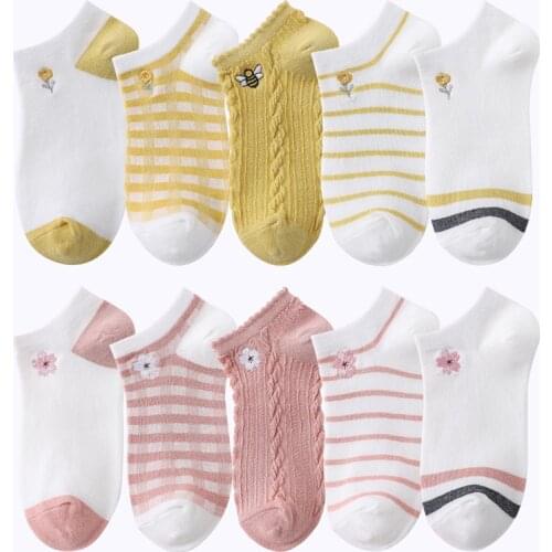 5 Pairs Women Summer Japanese Korean Style Cotton Breathable Socks Flower Harajuku Cartoon Animal Casual Fashion Ankle Socks