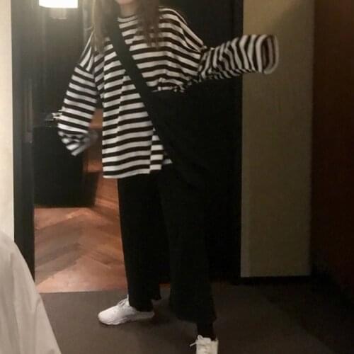 2020 New black striped men T-shirt long slevees loose Neutral style casual clothes O-neck fashion couples Harajuku streetwear