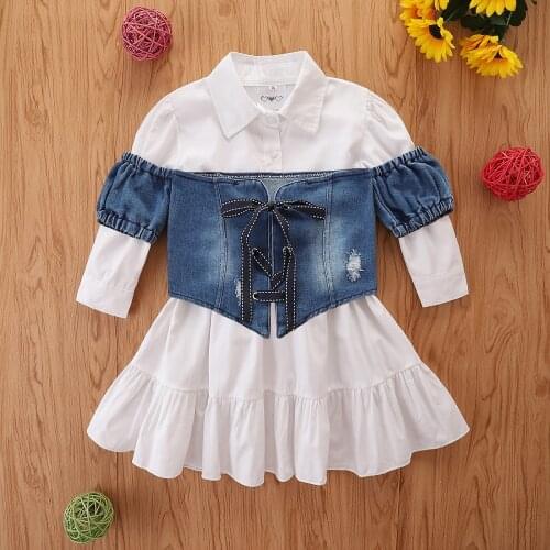 2-7Y Fashion Kids Girls Autumn Dress 2pcs Solid Long Sleeve Single Breasted A-Line Dress With Tie Up Denim Vest