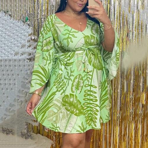 Fashion Loose Print Dress V Neck High Waiste Flare Sleeve Knee Length Beach Style 2021 Summer New Large Size Dress Vestidos Hot