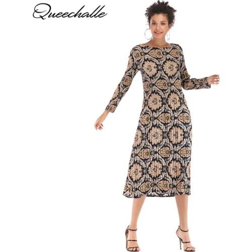 Chiffon Dress Women Spring Geometric Print Long Sleeve Midi Dress Beach Style O Neck Loose Pleated Dress Party Dress Vestidos
