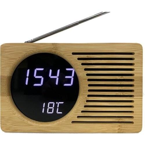 LED Bamboo Digital FM Radio Alarm Clock 12h/24h Adjustable Light for Home Bedroom Office Desk Watch Timer USB Cable Alarm Clocks
