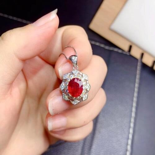 Fine jewelry 925 pure silver inlaid natural ruby girl luxury noble fresh oval Chinese style gem pendant necklace support detecti