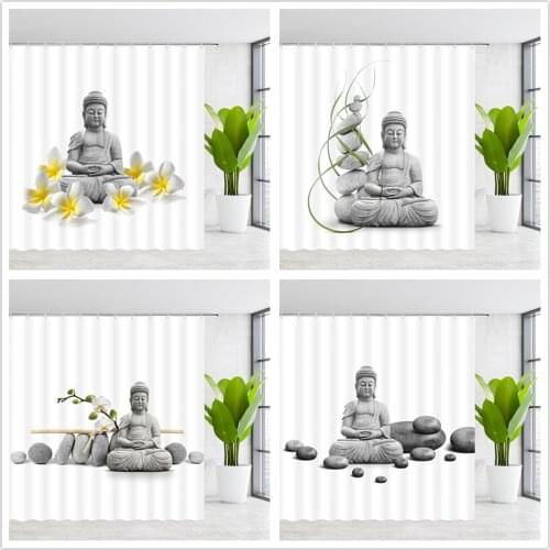 GCTNBJL Shower Room Curtains Buddha Statue Pattern Bathroom Decor Waterproof Polyester Curtain Set