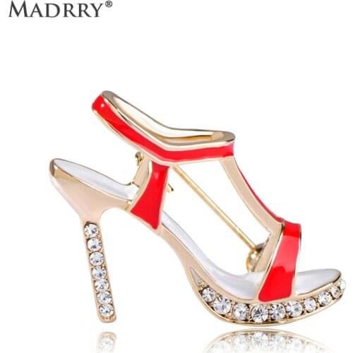 Madrry High Heel Shoes Brooches For Women Red Enamel Gold-color Crystal Brooch Pins Shoulder Scarf Dress Collar Clip Accessories