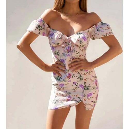 2021 New White Floral Women Sexy Dress Bandage Ruched Lantern Sleeve Slim Small Fork Dress Summer Casual Boho Beach Mini Dresses