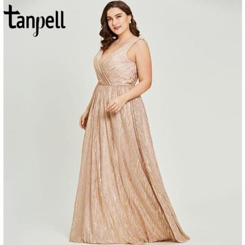 Tanpell v neck gilding evening dresses pink sleeveless backless floor length a line gown women wedding plus long evening dress