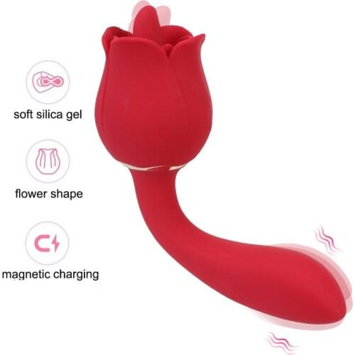 Nipple Vagina Massager Clitoris Stimulation Dual Head Rose Shape Oral Tongue Licking Vibrator 2 in 1 Vibrating Dildo