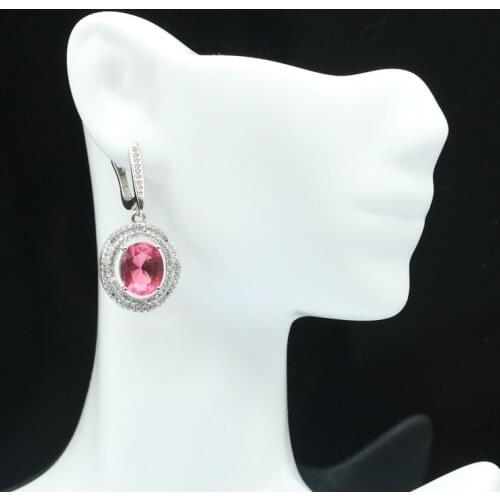 35x16mm Lovely Cute Silver Earrings Created Pink Tourmaline Bright Zircon Gift For Sister Bohemia