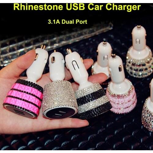 Crystal Rhinestone Car Charger USB 3.1A Dual 2 Port Display Cigarette Socket Lighter Fast Car Charger Power Adapter Car Styling