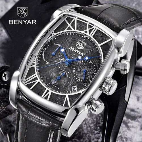 BENYAR mens watches business luxury automatic calendar quartz wristwatch simple genuine leather strap watch for men reloj hombre
