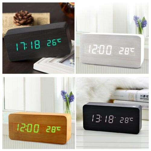 LED Wooden Alarm Clock Watch Table Voice Control Digital Wood Despertador Electronic Desktop USB/AAA Powered Clocks Table Decor