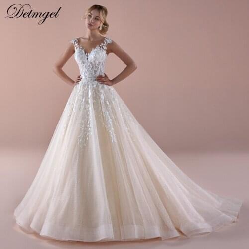 Detmgel New Arrival Elegant Scoop Neck Button A-Line Wedding Dresses 2020 Luxury Beaded Cap Sleeve Appliques Vintage Bridal Gown