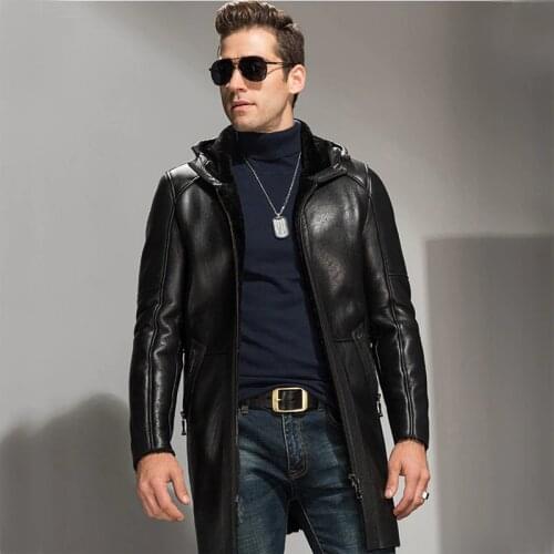Mens Shearling Coat Black Leather Jacket Oversized Parkas Long Sheepskin Outerwear Luxury Menswear Tj10