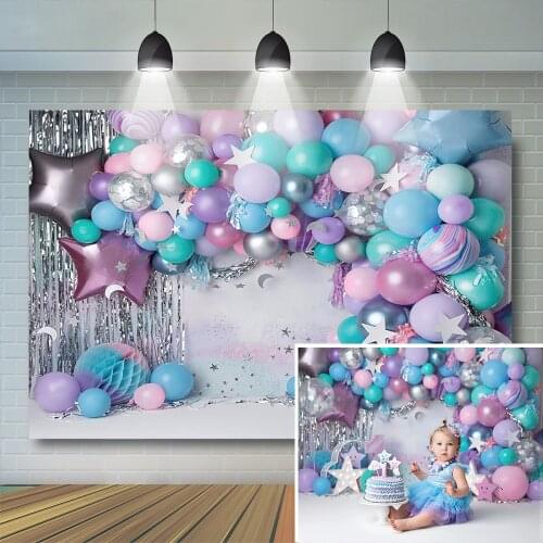 Purple Pink Sliver Balloons Baby Birthday Photography Backdrop Cake Smash Little Star Moon Decor Background Baby Photostudio
