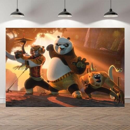Kungfu Boy Cartoon Panda Birthday Party Backdrops Family Room Table Decor Poster Kids Portrait Photography Backgrounds