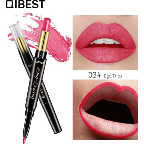 Hot Selling Qibest Double Lipstick and Lipliner Moisturizing Matte Rotation Lip Liner Makeup Goods Comsetic Gift for Women