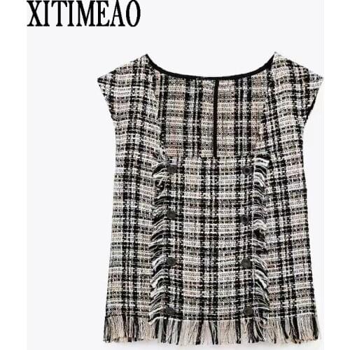ZA Women Sweet Fashion Cropped Knitted Blouses Vintage Straps Female Woolen Texture Plaid Vest Shirts Chic Tops