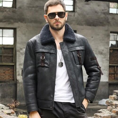 New Mens B3 Shearling Jacket Short Fur Coat Black Leather Jacket Bomber Jacket Fashion Motorcycle Jacket