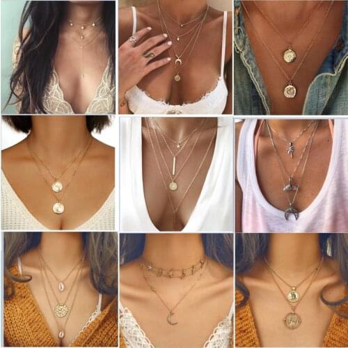 New Multilayer Crystal Moon Necklaces & Pendants For Women Vintage Charm Gold Choker Necklace 2019 Bohemian Jewelry Wholesale