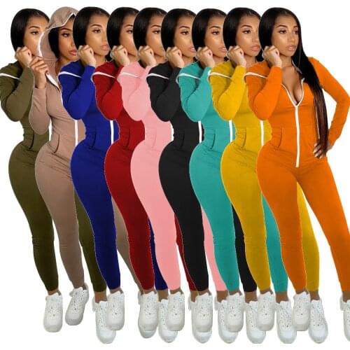 Plus Size Zipper Hooded Fitness Casual Sporty Rompers Womens Jumpsuit Long Sleeve Winter Fashion Workout Solid One Piece Outfits