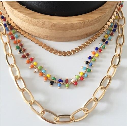 CHIC GOLD COLOR PLATING HEART CHAIN BIG LINK COLORFUL BEAD LAYERED NECKLACE FOR WOMEN