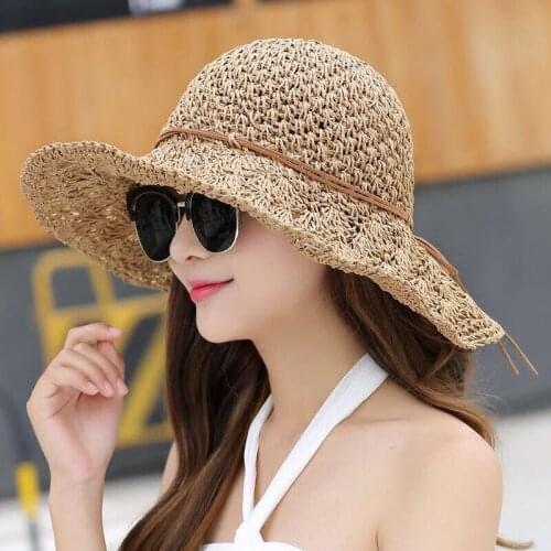 Summer Ladies Seaside Beach Hats Handmade Hollow Big Eaves Sun Hats Literary and Fresh Outdoor Folding Straw Hats