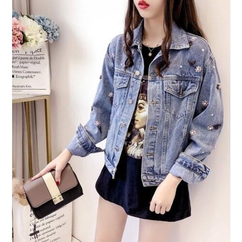 Loose Womens Denim Jackets Spring Autumn Korean Fashion Diamonds Beading Long Sleeve Single Breasted Lapel Female Short Coats