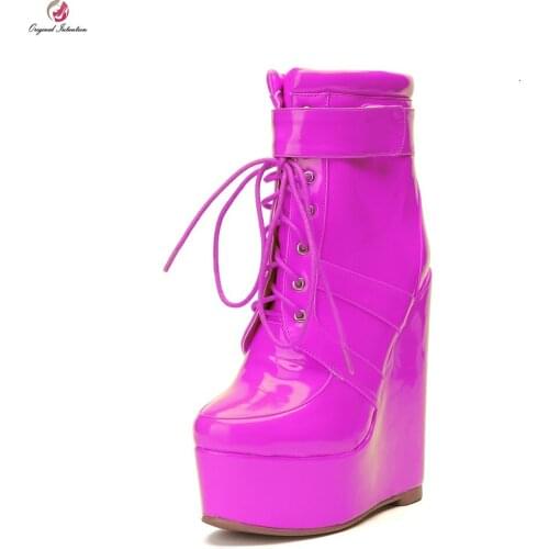 SUPER Women Ankle Boots Platform Wedge Boots Ladies Party Club SHINY SPOTLIGHT Heels Botines Mujer Small Big Size 34-52