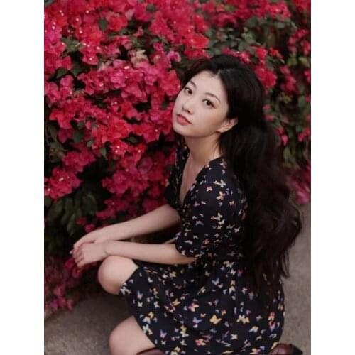 Women Dress 2021 Spring Gentle Temperament V-neck Small Butterfly Short Dress