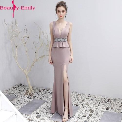 Beauty Emily Sexy V Neck Sequined Mermaid Evening Dress Long Charming Lace Sleeveless Formal Dress with High Side Split