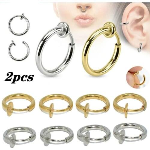 2Pcs Fake Nose Ring Retractable Earrings Hoop Lip Earrings Cartilage Septum Clip on Ear Lobe Helix Anti Conch Non Piercing HOT