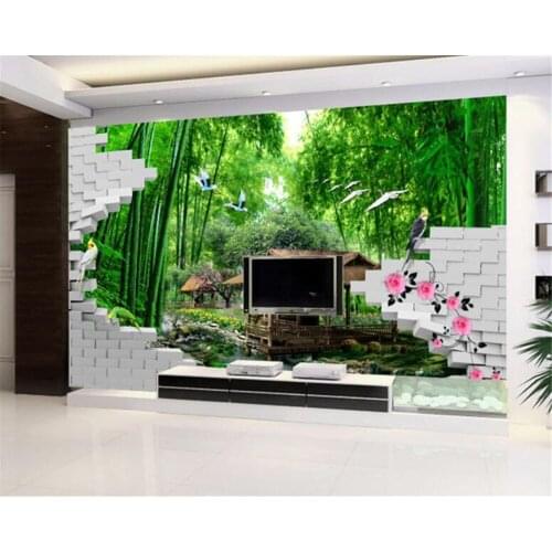 Beibehang Custom 3d wallpaper Natural Landscape Bamboo Grass House Lotus Brick Wall Photo 3D mural Wallpaper papel de parede