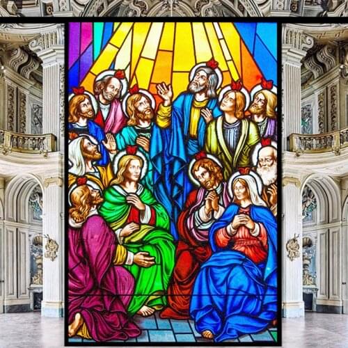 Anti Uv Glass Film Retro Church Painting Art Window Privacy Film Stained Glass Home Window Stickers Self-adhesive Vinyl Static