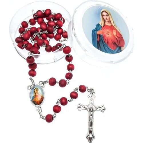 Free ship 9pcs/pack perfume rose scented rosary necklace/ red bead rosary with virgin mary center and plastic saint box