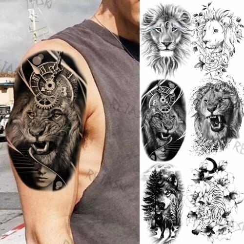 Large Lion Compass Temporary Tattoos For Men Women Realistic Wolf Tiger Forest Daffodil Fake Tattoo Sticker DIY Arm Back Tatoos