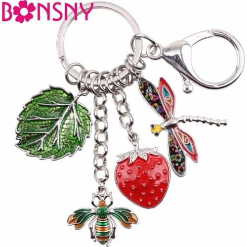 Bonsny Alloy Bee Strawberry Dragonfly Leaf Key Chain Keychains Rings Novelty Jewelry For Women Girls Handbag Car Charms Gift New