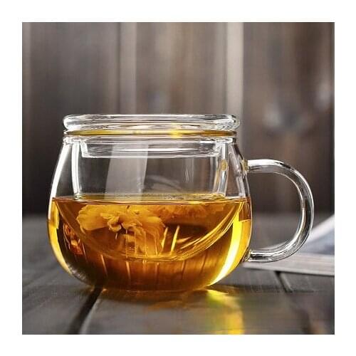 Teapot, glass products, flower tea cup, heat-resistant round fun cup, transparent filter with lid, three-piece office water cup