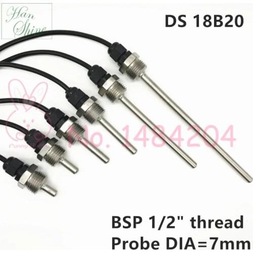DS18B20 Digital Temperature Sensor BSP G1/2" Thread 20 50 100mm Probe 1m PVC 3-core Wire SUS304 Stainless Steel Shell Detector