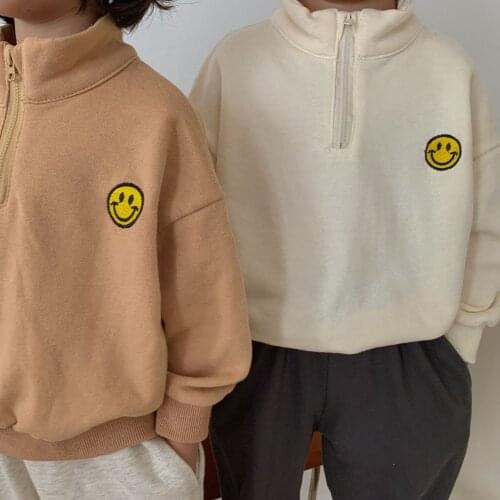 8247 Children Clothes Boys Pullovers Autumn Korean 2021 Casual Loose Baby Girls Sweatshirts Smile Face Embroidery Kids Tops