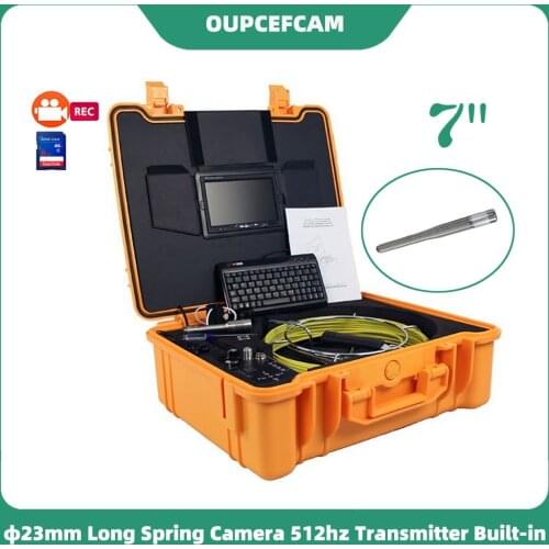 23mm Long Spring Camera 512hz Transmitter Drain Sewer Pipe Inspection Endoscope 7" Screen DVR Keyboard Meter Counter Yellow Case