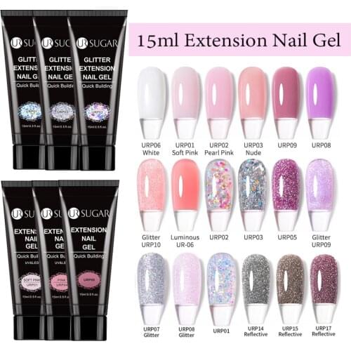 UR SUGAR 39Colors 15ml Nude Glitter Extension Nail Gel Silver Sequins Reflective Quick Building Gel Nail Art Design Easy DIY